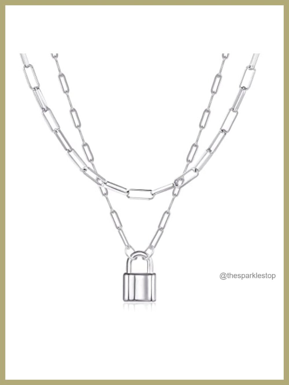2-Piece Silver Plated Layered Lock Necklace Set Dainty Paperclip Chain